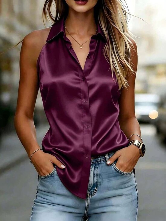 Tops - Sleeveless Purple Satin Button Front Top